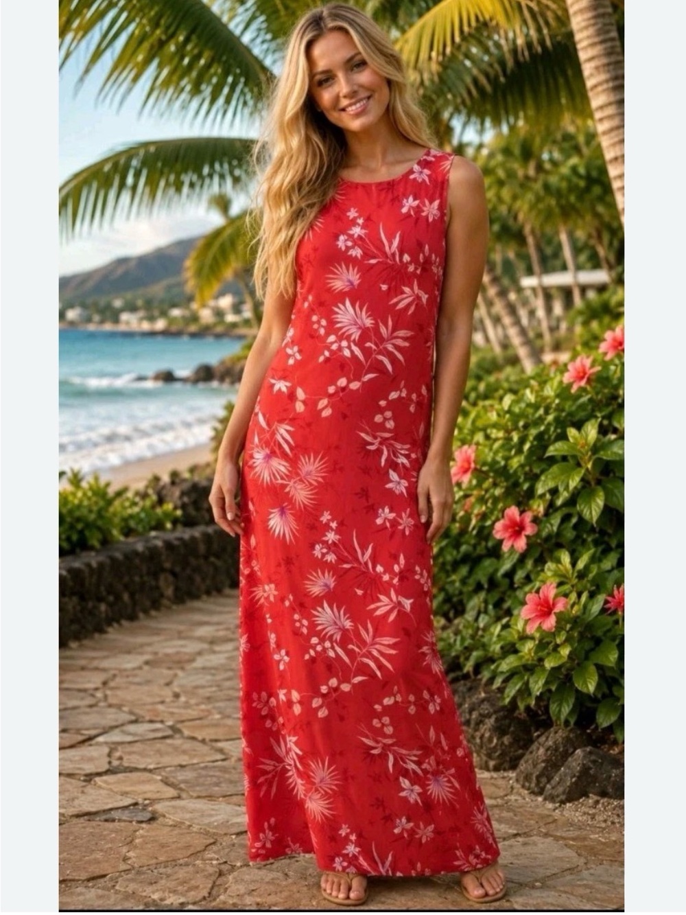 Coldwater Creek Vintage Red Floral Sleeveless Maxi Dress - Women's Summer Dress